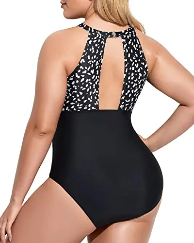 Plunge Mesh Cut-Out Plus Size Swimsuit For Women-Black Dot