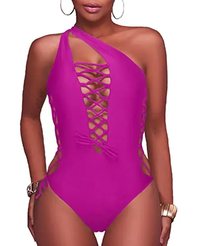 Plunge V Neck Lace Up Monokini Strappy Cutout Swimwear-Hot Pink