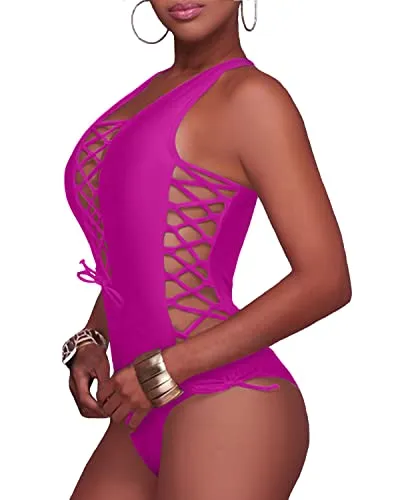 Plunge V Neck Lace Up Monokini Strappy Cutout Swimwear-Hot Pink