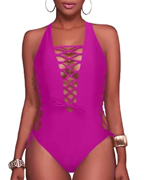Plunge V Neck Lace Up Monokini Strappy Cutout Swimwear-Hot Pink