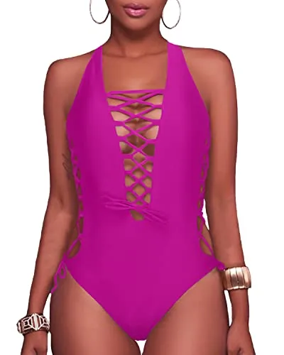 Plunge V Neck Lace Up Monokini Strappy Cutout Swimwear-Hot Pink