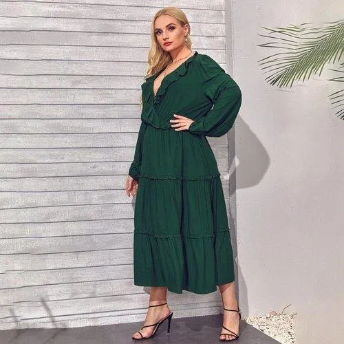 Plus Size A-Line Long Sleeve Ruffles V-Neck Casual Boho Maxi Dress