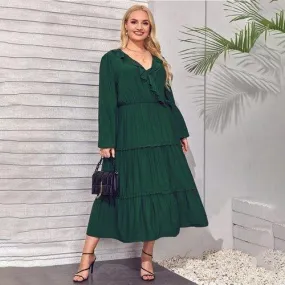 Plus Size A-Line Long Sleeve Ruffles V-Neck Casual Boho Maxi Dress