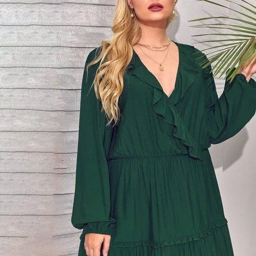 Plus Size A-Line Long Sleeve Ruffles V-Neck Casual Boho Maxi Dress