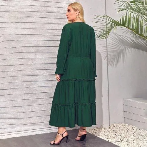 Plus Size A-Line Long Sleeve Ruffles V-Neck Casual Boho Maxi Dress