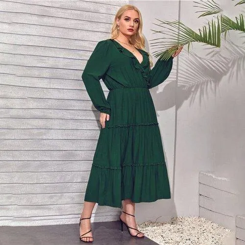 Plus Size A-Line Long Sleeve Ruffles V-Neck Casual Boho Maxi Dress