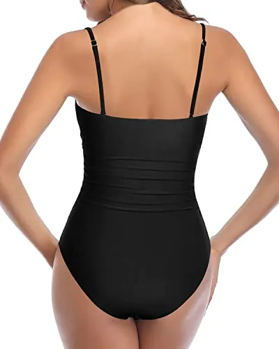 Push Up Effect One Piece Swimsuits For Curvy Womens-Black And Leopard