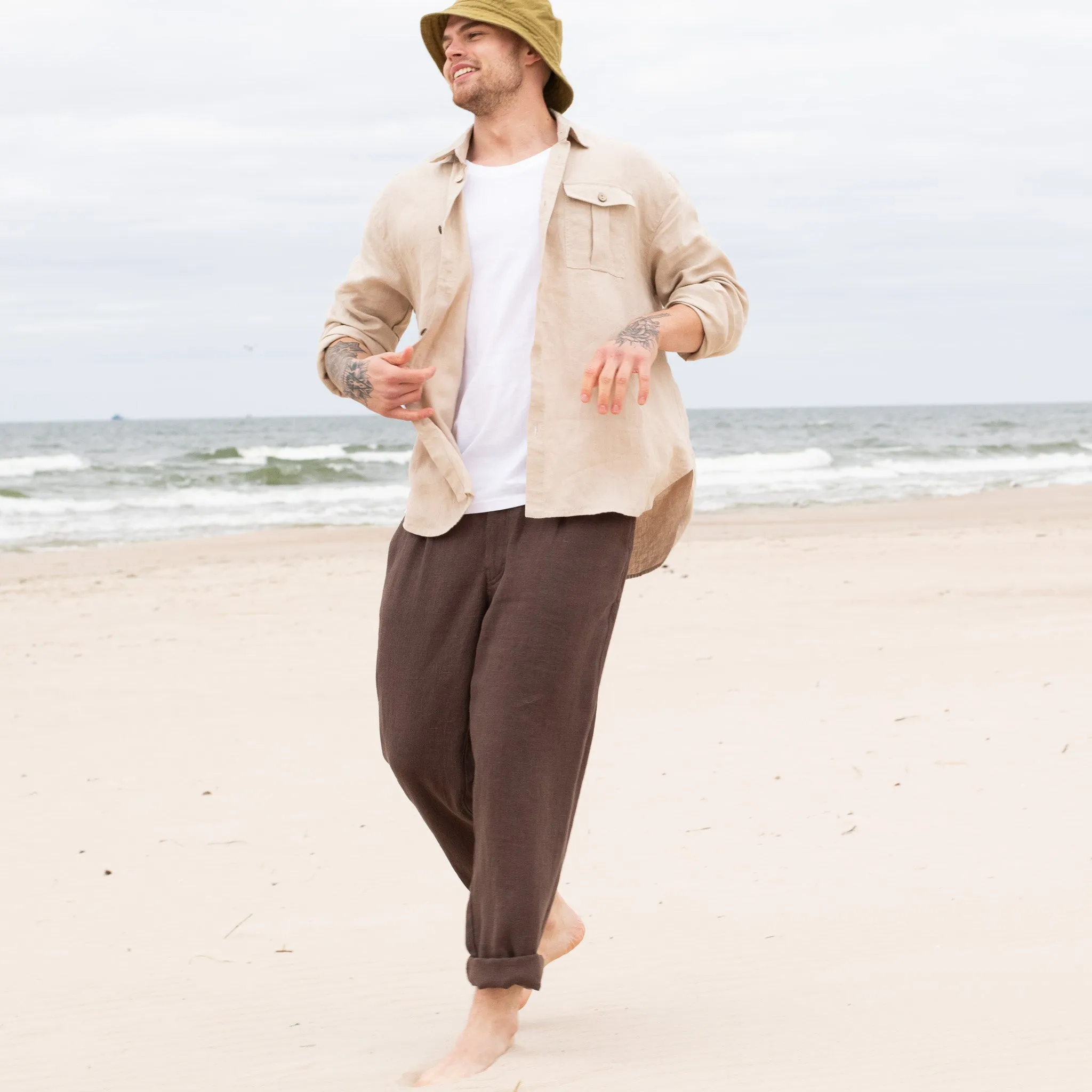 R: Men’s linen pants ALBURY in HEAVY linen (Size: S; Color: Heavy Espresso)