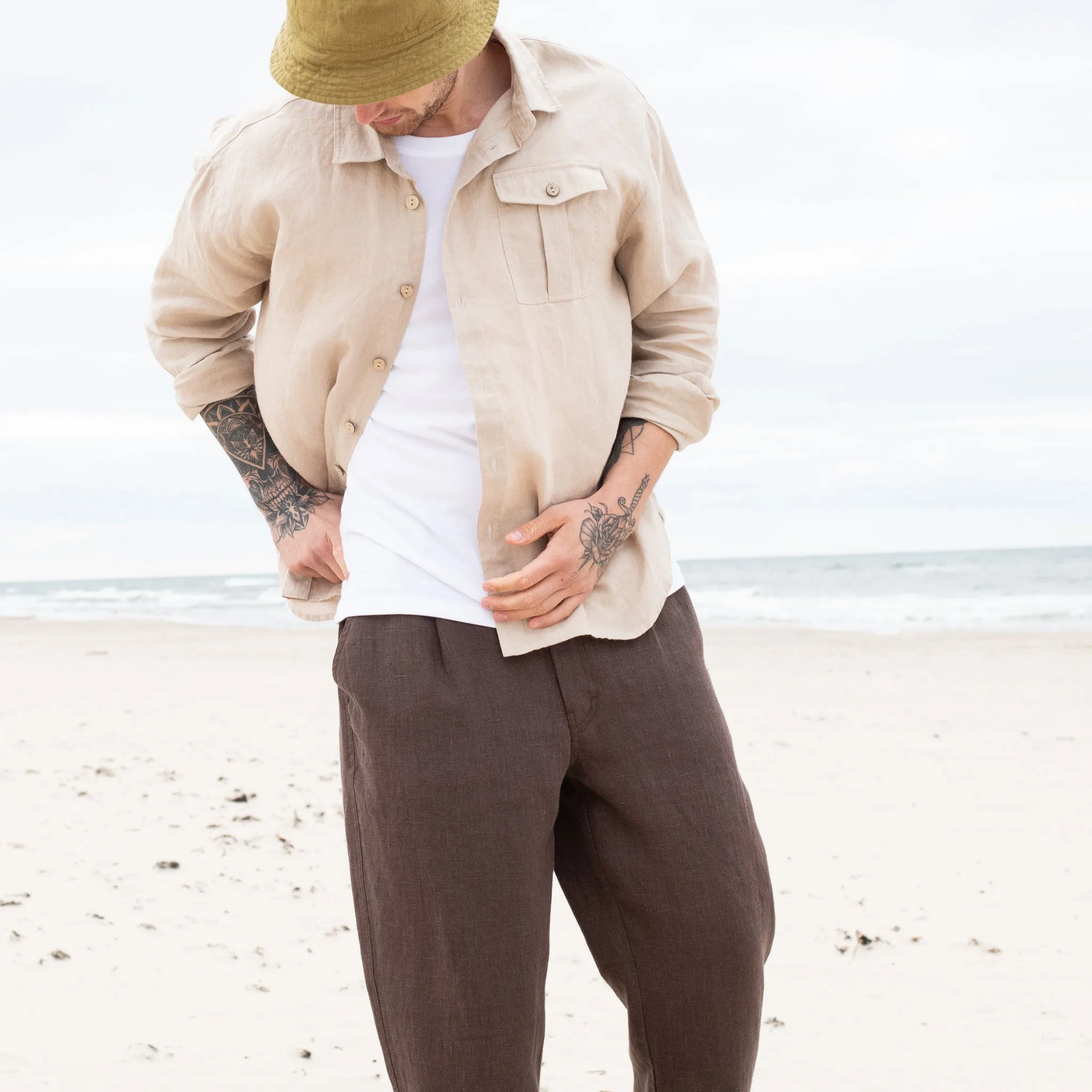R: Men’s linen pants ALBURY in HEAVY linen (Size: S; Color: Heavy Espresso)