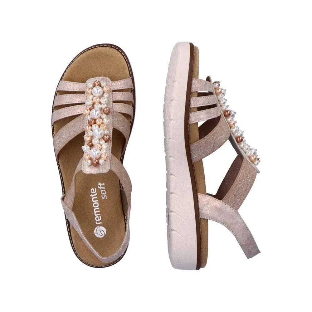 Remonte Rose Metallic Multi Pearl Decorative Front Elasticated Open Toe Comfort Sandal