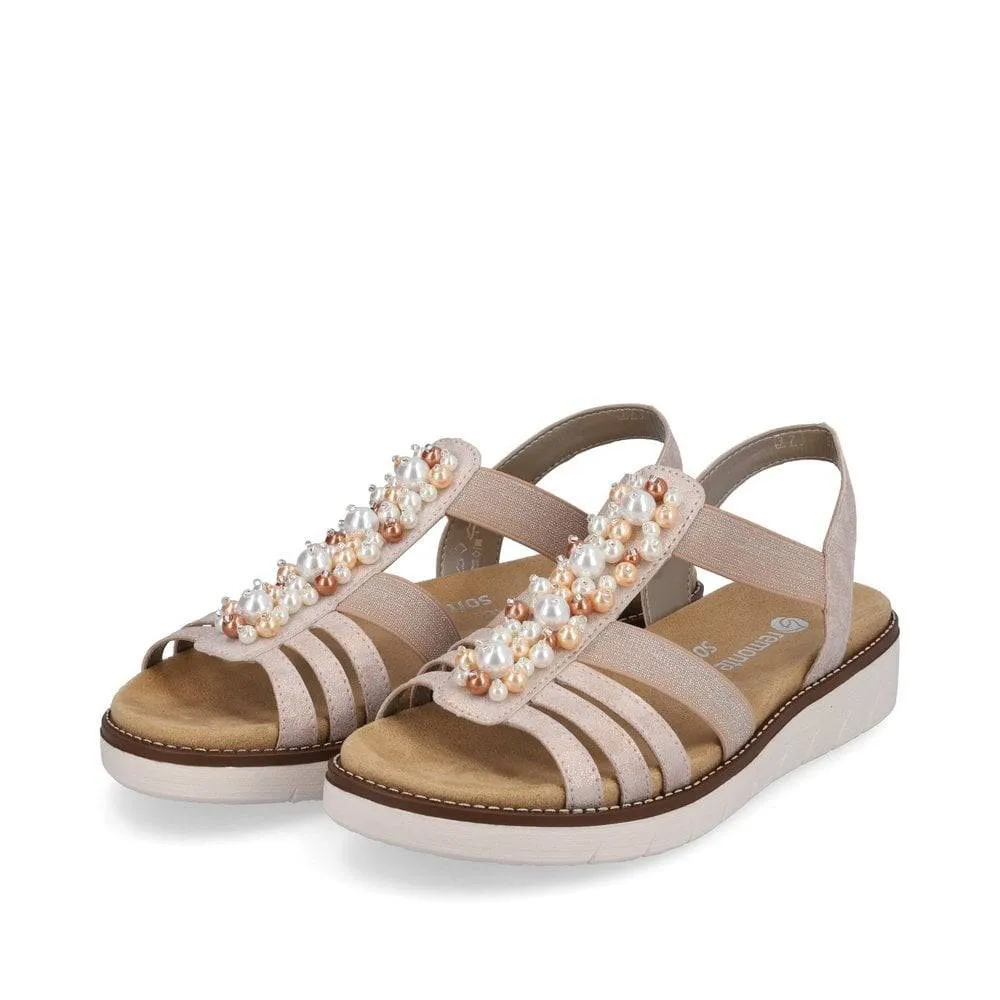 Remonte Rose Metallic Multi Pearl Decorative Front Elasticated Open Toe Comfort Sandal