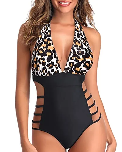 Removable Padded Push-Up Bra High Leg Cut Out String Swimwear-Black And Leopard