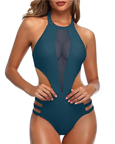 Removable Padded Push Up Bra Sexy One Piece Bathing Suit For Women-Teal