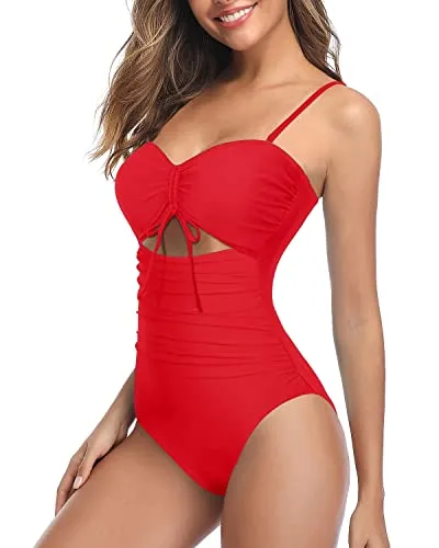 Ruched High Waisted Swimsuits For Curvy Womens-Red