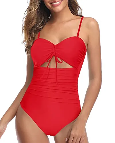 Ruched High Waisted Swimsuits For Curvy Womens-Red
