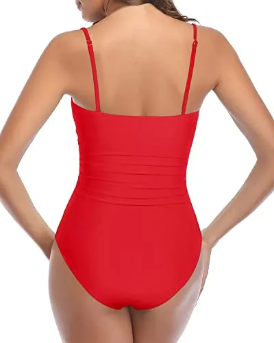 Ruched High Waisted Swimsuits For Curvy Womens-Red