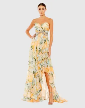 Ruffle asymmetric strapless summer dress - Yellow