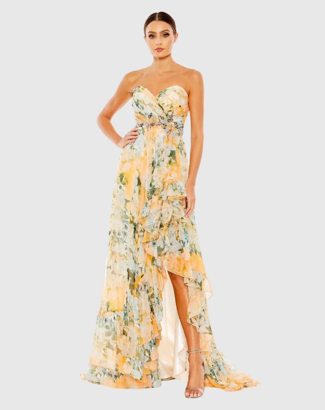Ruffle asymmetric strapless summer dress - Yellow