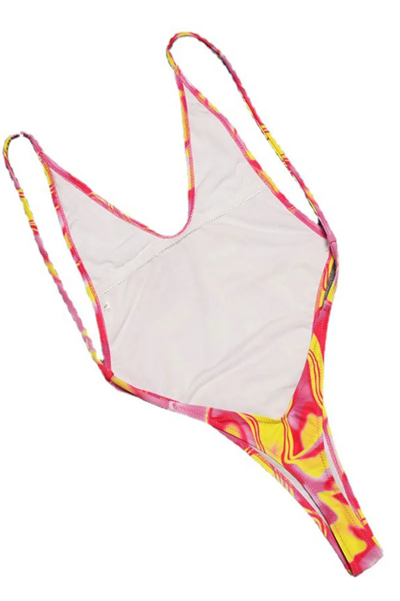 SD727 Graphic Print Plunging Backless One-Piece Swimsuit
