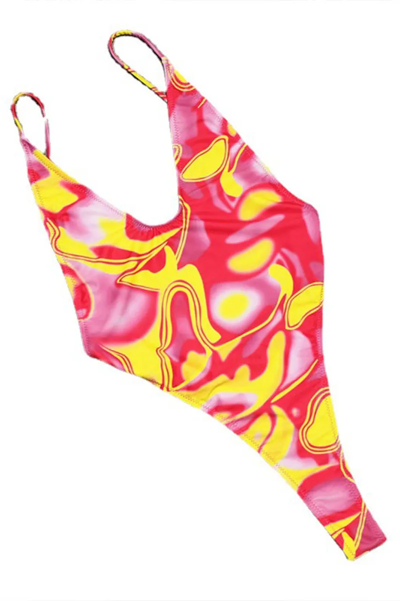 SD727 Graphic Print Plunging Backless One-Piece Swimsuit