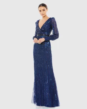 Sequin Long Sleeve Wrap Gown - Midnight