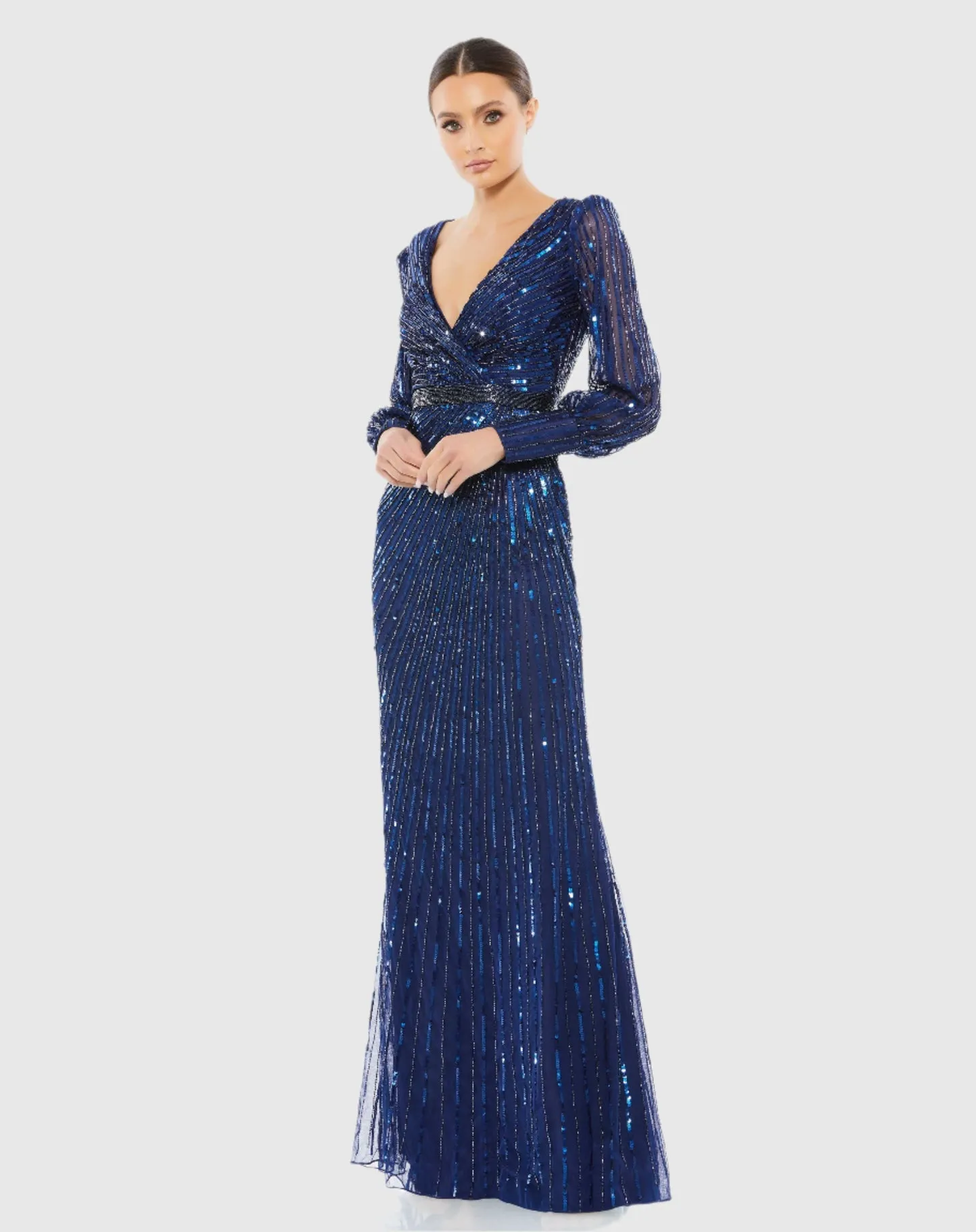 Sequin Long Sleeve Wrap Gown - Midnight