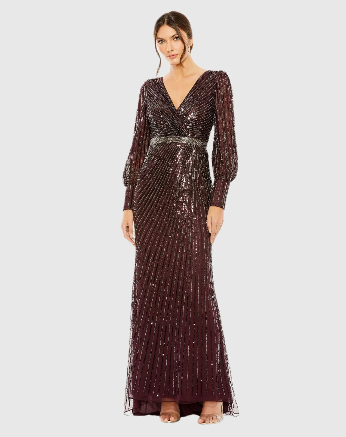 Sequin Long Sleeve Wrap Gown - Midnight