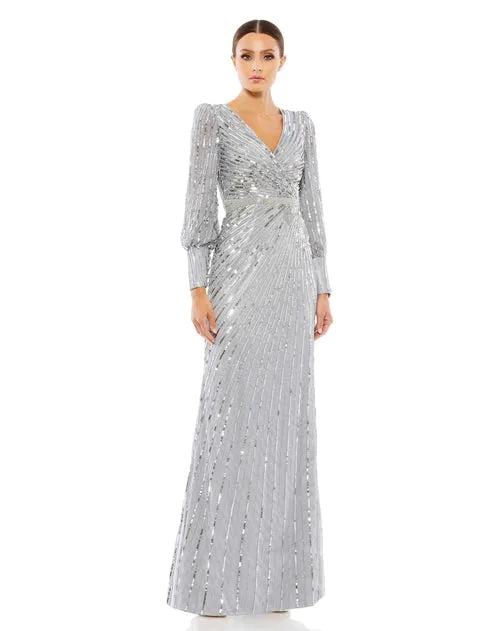 Sequin Long Sleeve Wrap Gown - Raspberry
