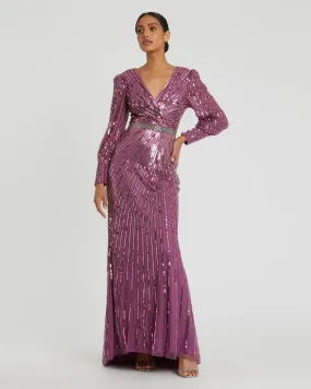 Sequin Long Sleeve Wrap Gown - Raspberry