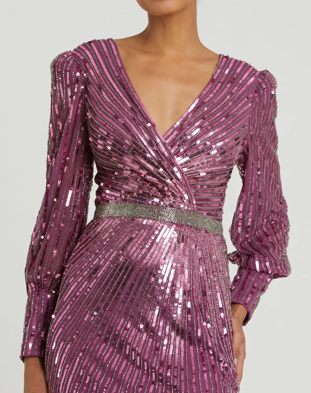 Sequin Long Sleeve Wrap Gown - Raspberry