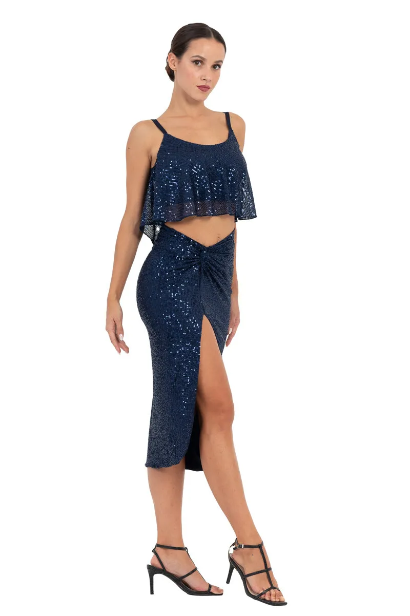Sequinned Twist Knot Midi Skirt With Slit