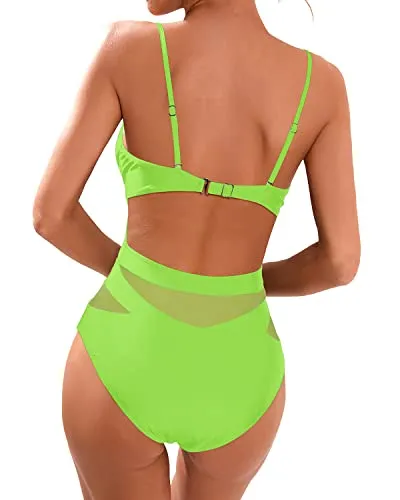 Sexy Adjustable Spaghetti Straps Tie Back One Piece Swimsuits-Neon Green