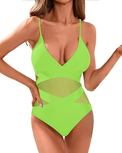 Sexy Adjustable Spaghetti Straps Tie Back One Piece Swimsuits-Neon Green