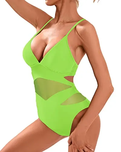Sexy Adjustable Spaghetti Straps Tie Back One Piece Swimsuits-Neon Green