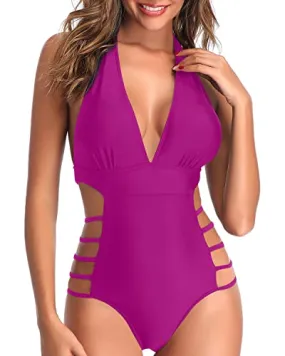 Sexy And Eye-Catching Plunge V Neck Halter Bathing Suits-Hot Pink