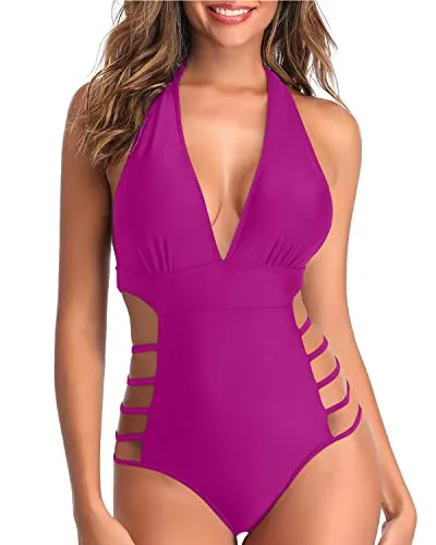 Sexy And Eye-Catching Plunge V Neck Halter Bathing Suits-Hot Pink
