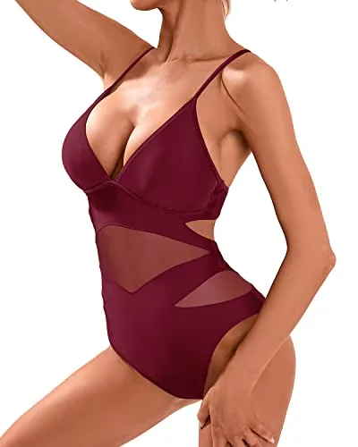 Sexy One Piece Bathing Suits Plunge V Neck Monokini Cutout Swimwear-Red