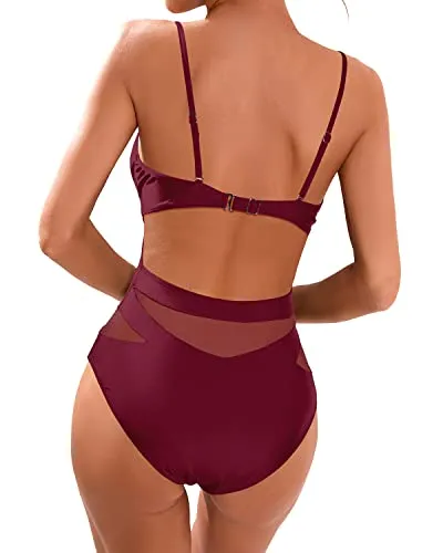 Sexy One Piece Bathing Suits Plunge V Neck Monokini Cutout Swimwear-Red