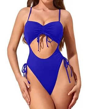 Sexy One Piece Swimsuit Adjustable Drawstring Thong Swimsuit For Women-Royal Blue