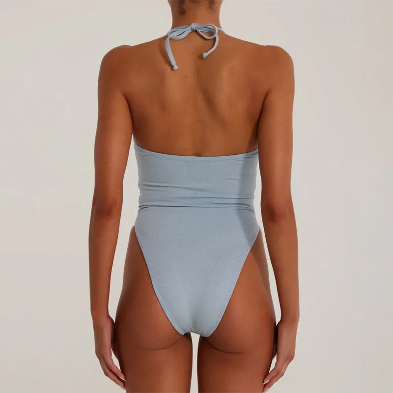 Sexy Rosette High Leg Cut Out Bandeau Halter Brazilian One Piece Swimsuit