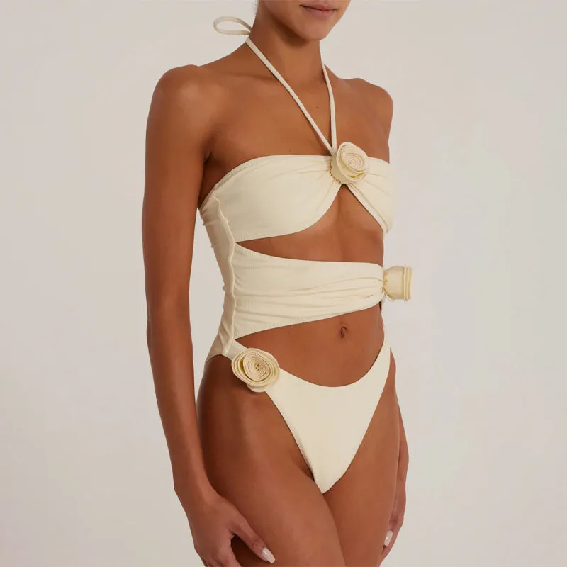 Sexy Rosette High Leg Cut Out Bandeau Halter Brazilian One Piece Swimsuit
