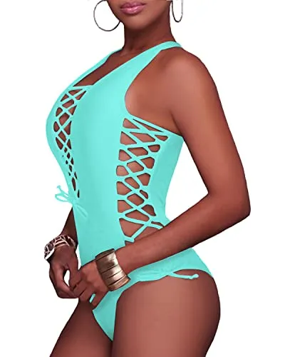 Sexy Strappy Lace Up Monokini Cutout Swimwear-Aqua