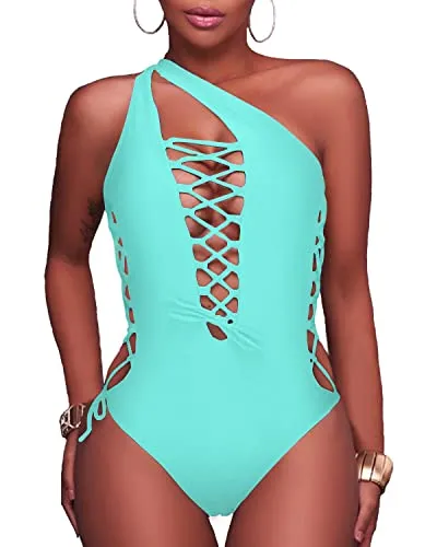 Sexy Strappy Lace Up Monokini Cutout Swimwear-Aqua
