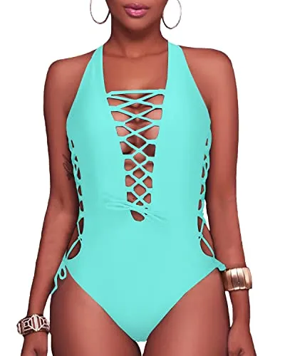 Sexy Strappy Lace Up Monokini Cutout Swimwear-Aqua