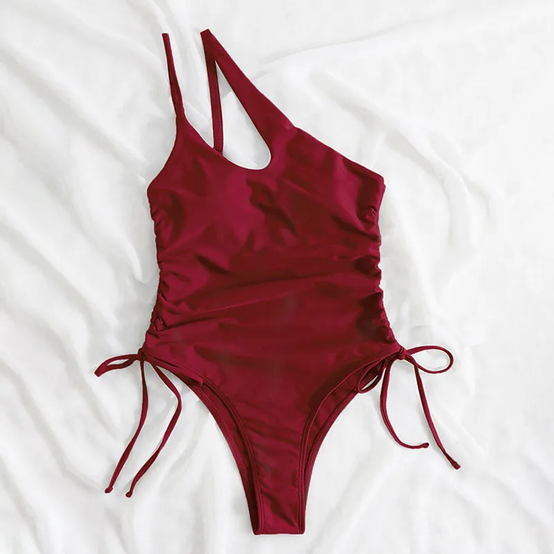 Sexy Tie String High Cut Ruched Cutout One Shoulder Brazilian One Piece Swimsuit