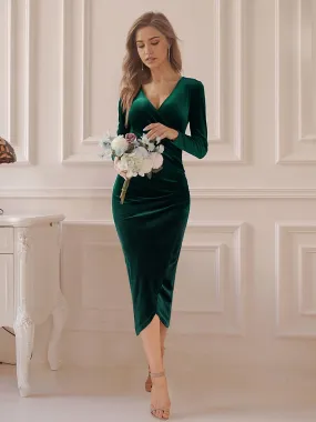 Sheath Elegant Velvet Long Sleeve Wrap V Neck Ruched evening gown formal dress Prom Dresses