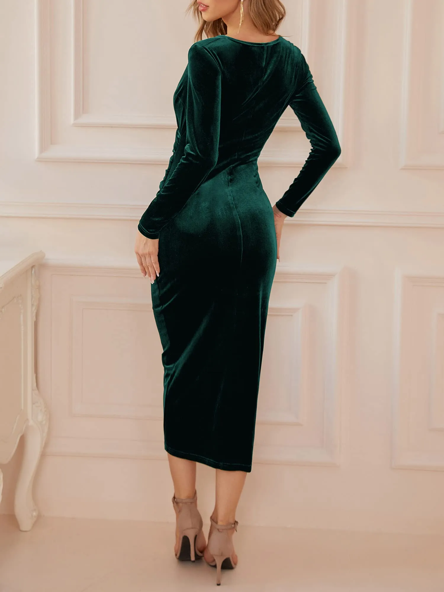 Sheath Elegant Velvet Long Sleeve Wrap V Neck Ruched evening gown formal dress Prom Dresses
