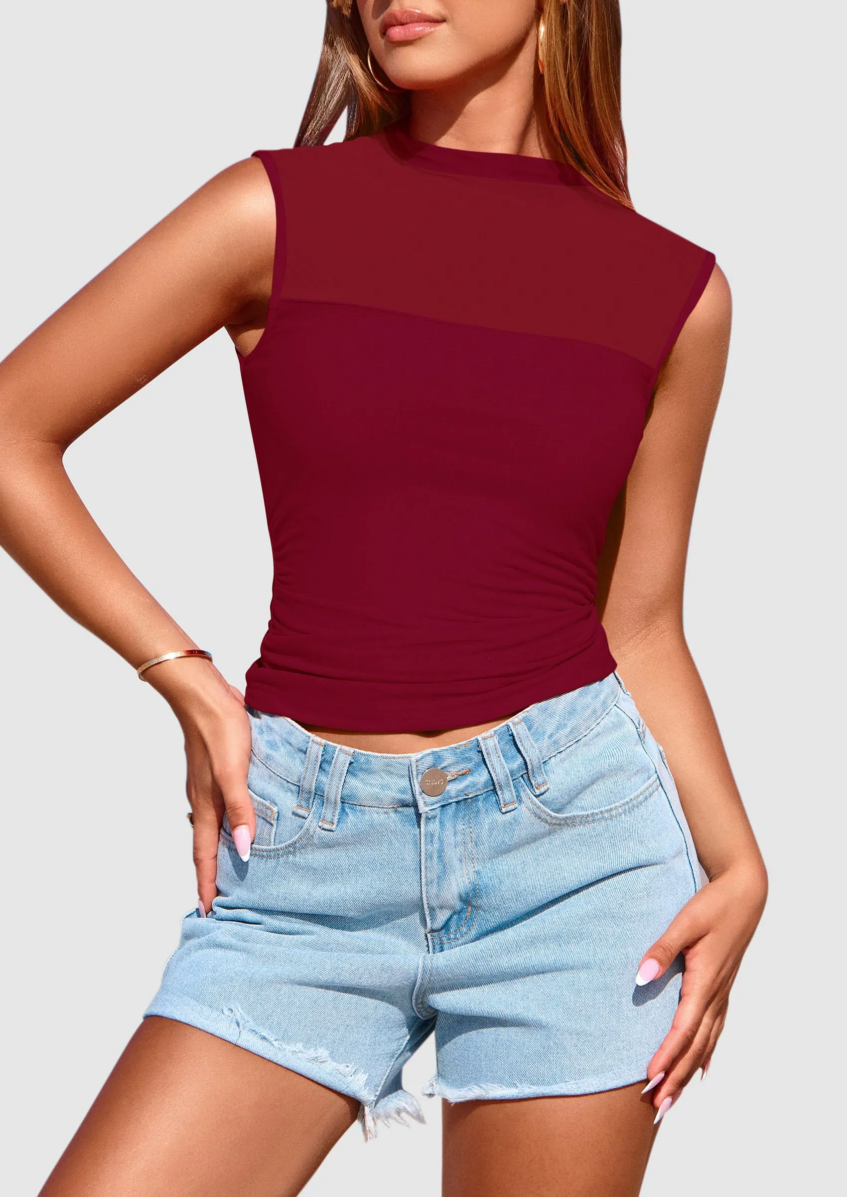 Sheer Mesh Casual Sleeveless Mock Neck Ruched Slim Fitted Tank Tops