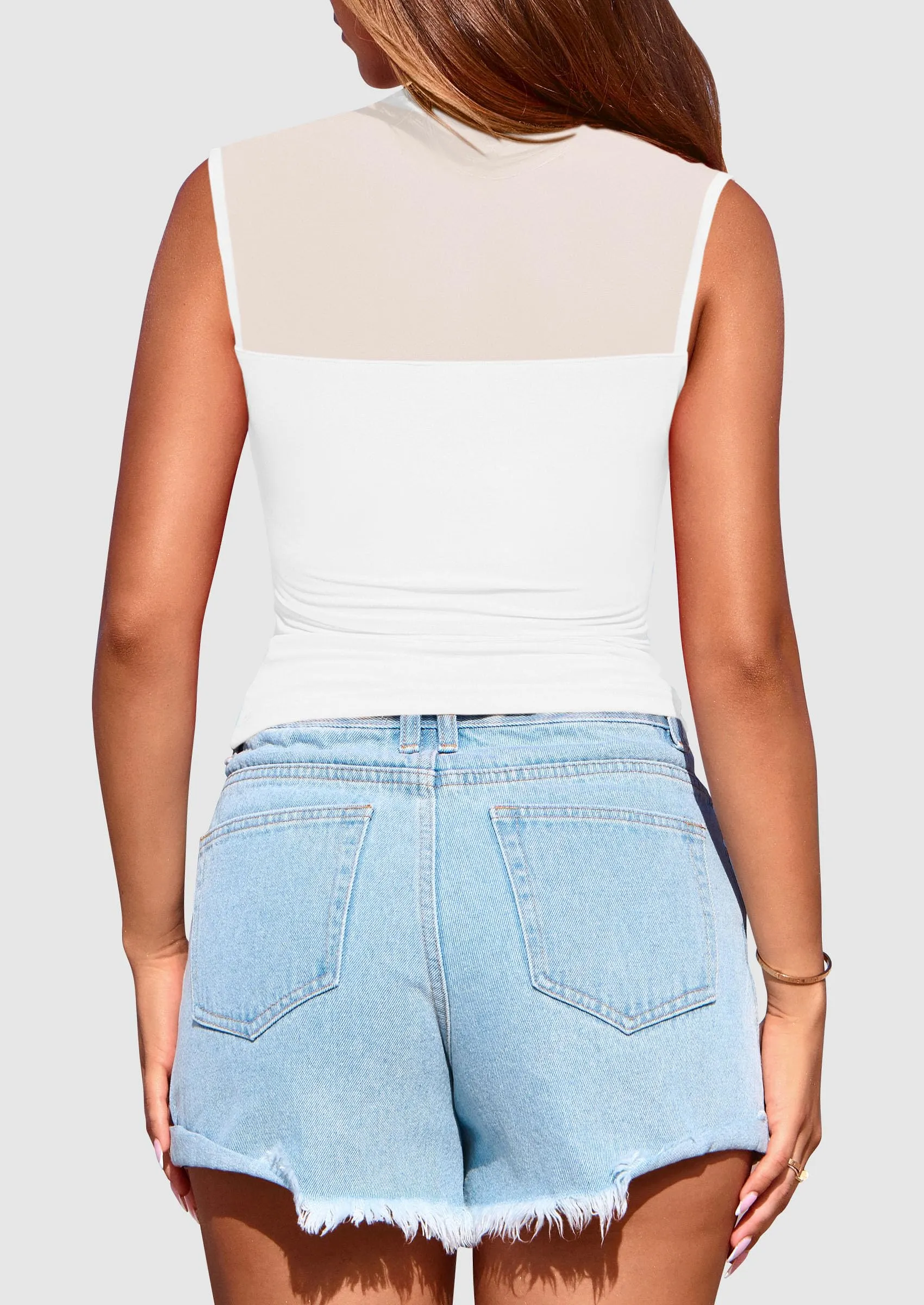 Sheer Mesh Casual Sleeveless Mock Neck Ruched Slim Fitted Tank Tops