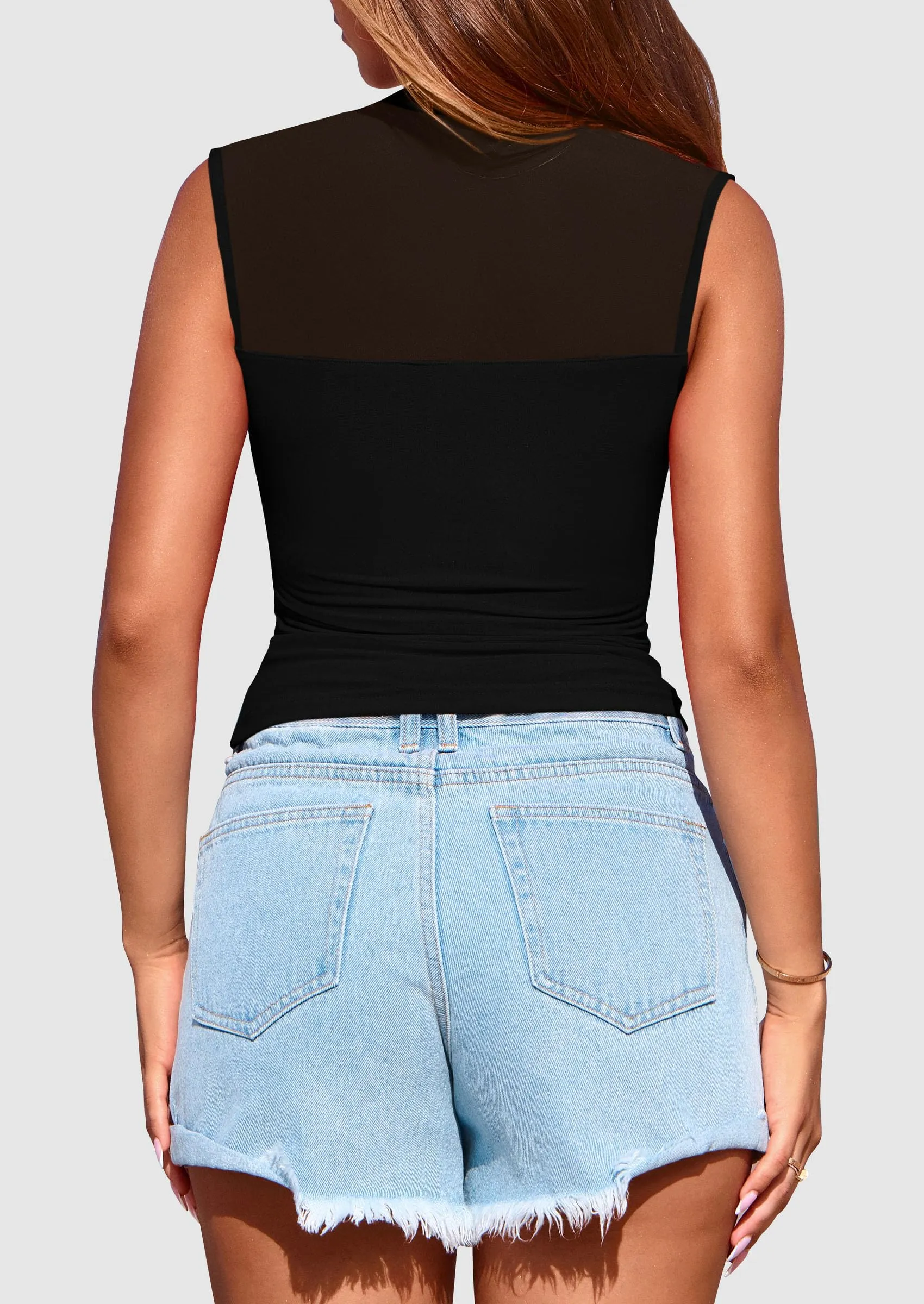 Sheer Mesh Casual Sleeveless Mock Neck Ruched Slim Fitted Tank Tops